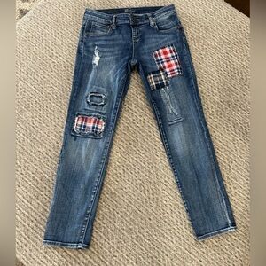 KUT FROM THE KLOTH Adele Slouchy Boyfriend Plaid Patchwork Jean, EUC!